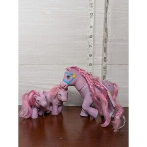 Vintage PINK PURPLE TOY HORSES 1990s Clone Pony Family Set FOALS Blue Bridle